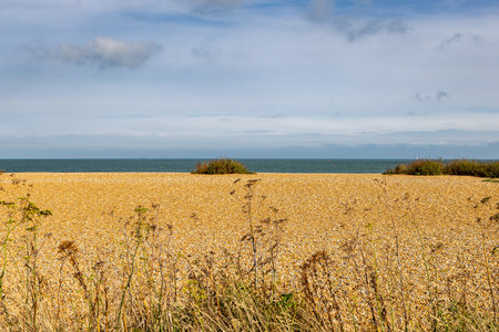 Looking out over the beach towards the sea, at Deal in Kentの写真素材