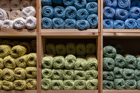 Balls of wool for sale in a haberdashery storeの写真素材
