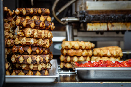 Waffles for sale on a street stall in the Belgian city of Ghent, with strawberries ready to addの写真素材