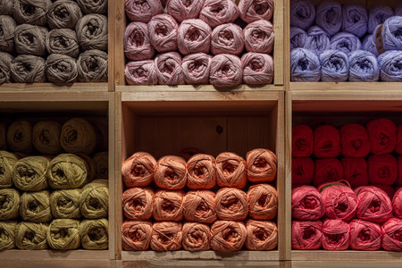 Colourful wool displayed in a shopの写真素材