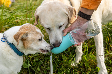 Two dogs drinking from a water bottle whilst out for a walkの写真素材