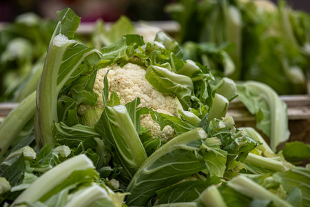 A close up of cauliflowers for sale on a market stallの写真素材