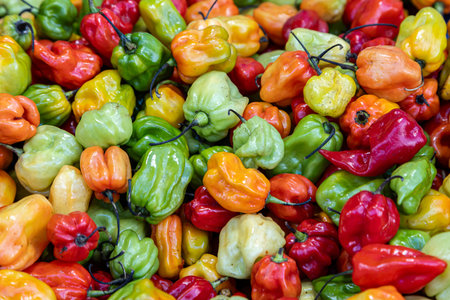 A full frame photograph of colouful chili's on a market stall