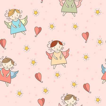vector illustration with cute angels. It can be used for card, postcard, poster, invitation, wallpaper, textile design, fabric design, cover, banner, sticker.のイラスト素材