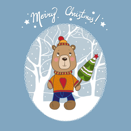Vector Christmas bear card. It can be used for card, postcard, poster, invitation, wallpaper, textile design, fabric design, cover, banner, sticker.のイラスト素材