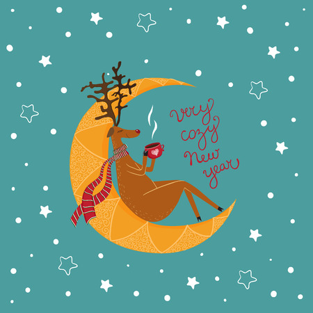 vector Christmas card with a  sitting deer. It can be used for card, postcard, banner, sticker, wallpaper.のイラスト素材