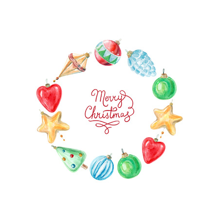 vector watercolor Christmas and new year decorations frame. It can be used for wrapping pper, card, postcard, poster, banner.のイラスト素材