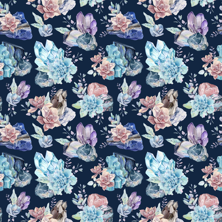 Watercolor gemstones and succulents seamless pattern.の写真素材