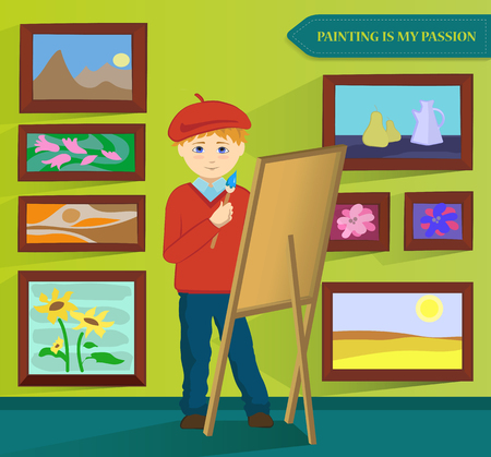 Male painter artist painting in his workroom. Vector.のイラスト素材