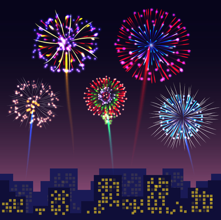 Bright festive fireworks with modern city cityshape backgroundsのイラスト素材