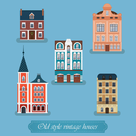 old style vintage houses set isolated on blue backgroundのイラスト素材