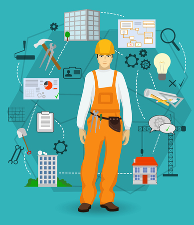 Builder man worker concept with flat icons. Construction and building professionのイラスト素材