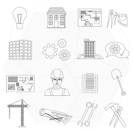 Builder worker construction thin line icons set isolated on abstract backgroundのイラスト素材
