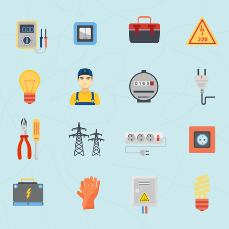 Electrician instruments tools flat icons set isolatedのイラスト素材