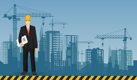 Builder man worker on the under construction buildings backgroundのイラスト素材
