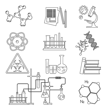 Chemical laboratory science and technology thin line icons set isolated. Workplace tools.のイラスト素材