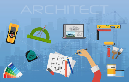 Architect construction planning and creating process. architectural project, technical concept topのイラスト素材