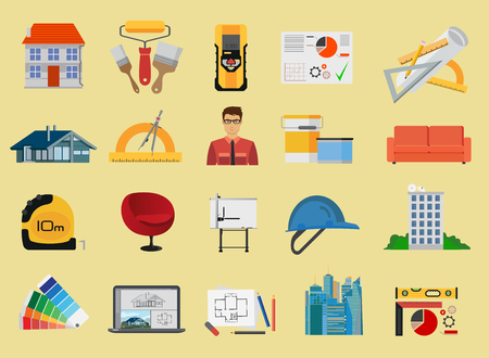 Architecture and Construction flat icons set isolatedのイラスト素材