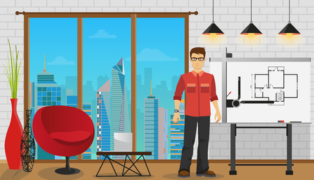 Man architect working with Blueprint at Office or studioのイラスト素材