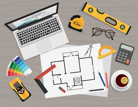 Architect construction planning and creating process. architectural project, technical concept top view.のイラスト素材