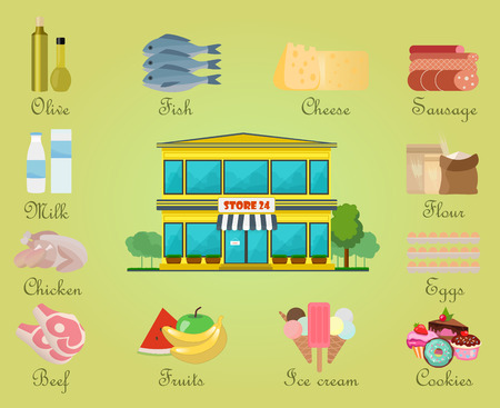 Shopping product store center building with concept iconsのイラスト素材