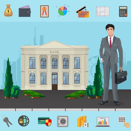 Bank manager near Bank building with modern cityscape concept. Symbols of Corporate, Business and Financeのイラスト素材