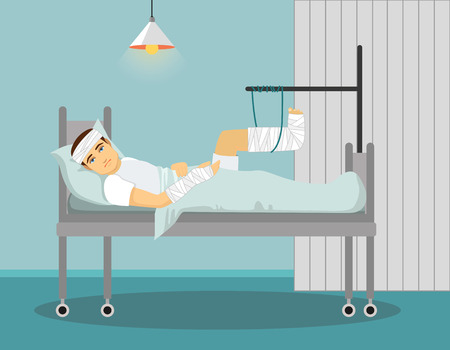 Man with broken leg and hand in Hospital. Vector illustrationのイラスト素材