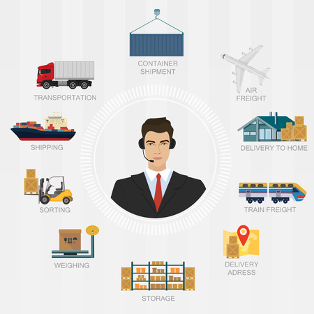 Vector logistics manager agent concept. Delivery cargo system vector service illustrationのイラスト素材