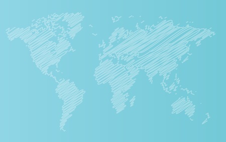 Hand drawn world map vector illustration isolated on blue background.のイラスト素材