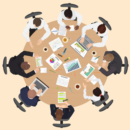 Corporate Business management teamwork meeting and brainstorming concept with people on the round table in top point of viewのイラスト素材