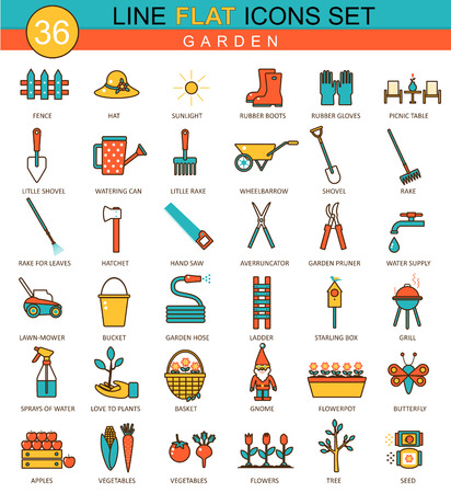 Vector garden tools flat line icon set. Modern elegant style design  for webのイラスト素材
