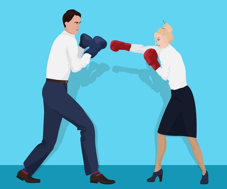 Businessman in boxing gloves having a fight with businesswoman. Fighting business partnersのイラスト素材
