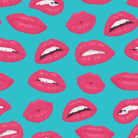 Vintage pink red lips kiss seamless pattern on blue backgroundのイラスト素材