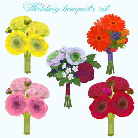 Wedding beautiful bouquet with roses and other flowers collection setのイラスト素材