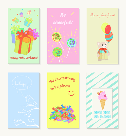 Birthday and holiday invitation greeting cards design with ballon, sweets, ice cream and treeのイラスト素材