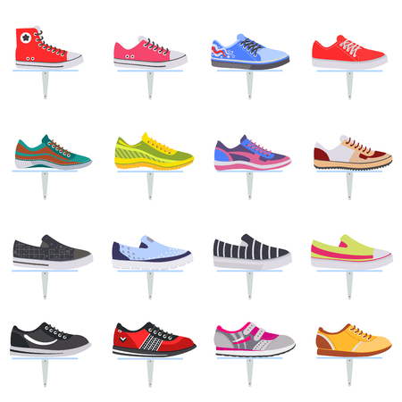 Vector sport shoes sneakers collection set. Elegant color flat icon setのイラスト素材
