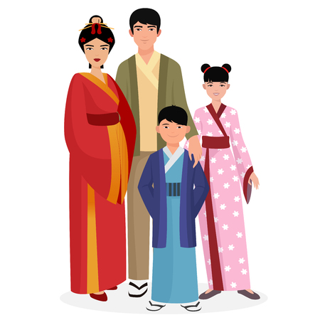 Japanese family. Japanese man and woman with kids in traditional national clothesのイラスト素材
