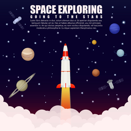 Space rocket launch exploring and research with satellite and planets. Business startup. Vector illustration posterのイラスト素材
