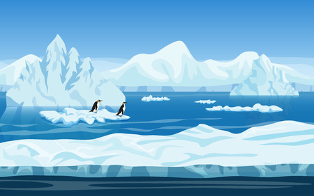 Cartoon nature winter arctic ice landscape with iceberg, snow mountains hills and penguins. Vector game style illustration. Background for gamesのイラスト素材