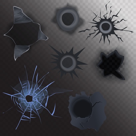 bullet hole in glass and metal set on alpha transperant background. Realistic gunshotのイラスト素材