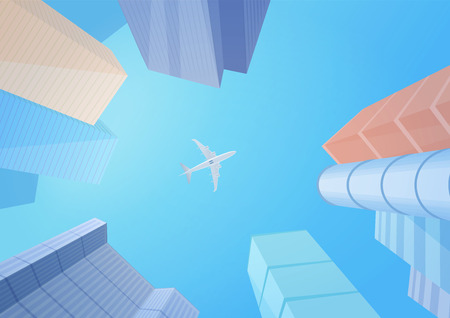 Modern buildings skyscrapers and airplane in the skyのイラスト素材