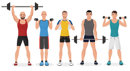 Fitness men male in gym set. Healthy lifestyle guys make exercises and gymnastics with barbells and dumbbellsのイラスト素材