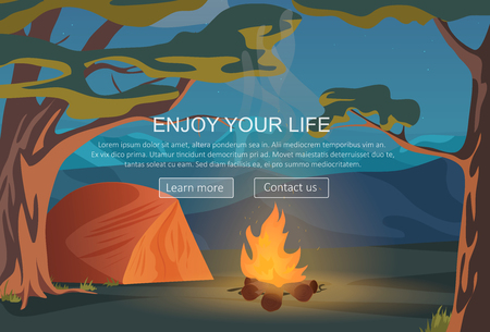 Camping, walking, hiking, outdoor night camp recreation and other sport adventures. Website header banner elements layout. Presentation, flyer and posterのイラスト素材