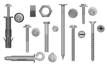 Construction Hardware set Bolts, Screws, Nuts and Rivets. vector illustration of Metal fix gear elementsのイラスト素材