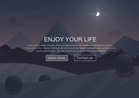 Night cartoon Mountain Landscape Background with trees and moon. Website header banner elements layout. Presentation, flyer and posterのイラスト素材