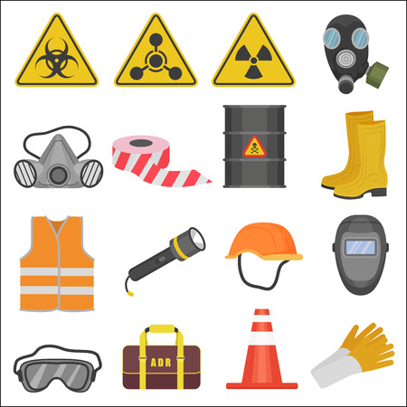 Industrial job work safety equipment flat icons set. Radiation and chemical protectionのイラスト素材