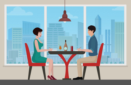 Happy young couple meeting and having lanch at cafe restaurant interior. Vector cartoon illustrationのイラスト素材