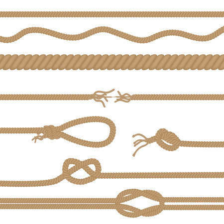 Set of realistic vector brown ropes and knots brushes isolatedのイラスト素材