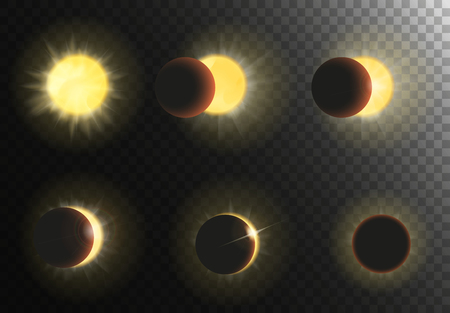 Sun eclipse vector illustration. Different phases of solar eclipse setのイラスト素材