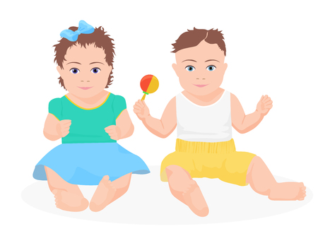 Cute funny baby boy and girl sitting together. Vector illustrationのイラスト素材